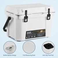 Garvee 25 Qt Portable Hard Cooler – Insulated Ice Chest with Heavy Duty Handle, 5-Day Ice Retention, Metal Cup Holder, Fish Ruler, Drain Plug, Durable Rotomolded Design for Camping, Beach, Picnic, BBQ, Fishing