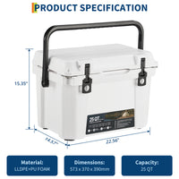 Garvee 25 Qt Portable Hard Cooler – Insulated Ice Chest with Heavy Duty Handle, 5-Day Ice Retention, Metal Cup Holder, Fish Ruler, Drain Plug, Durable Rotomolded Design for Camping, Beach, Picnic, BBQ, Fishing