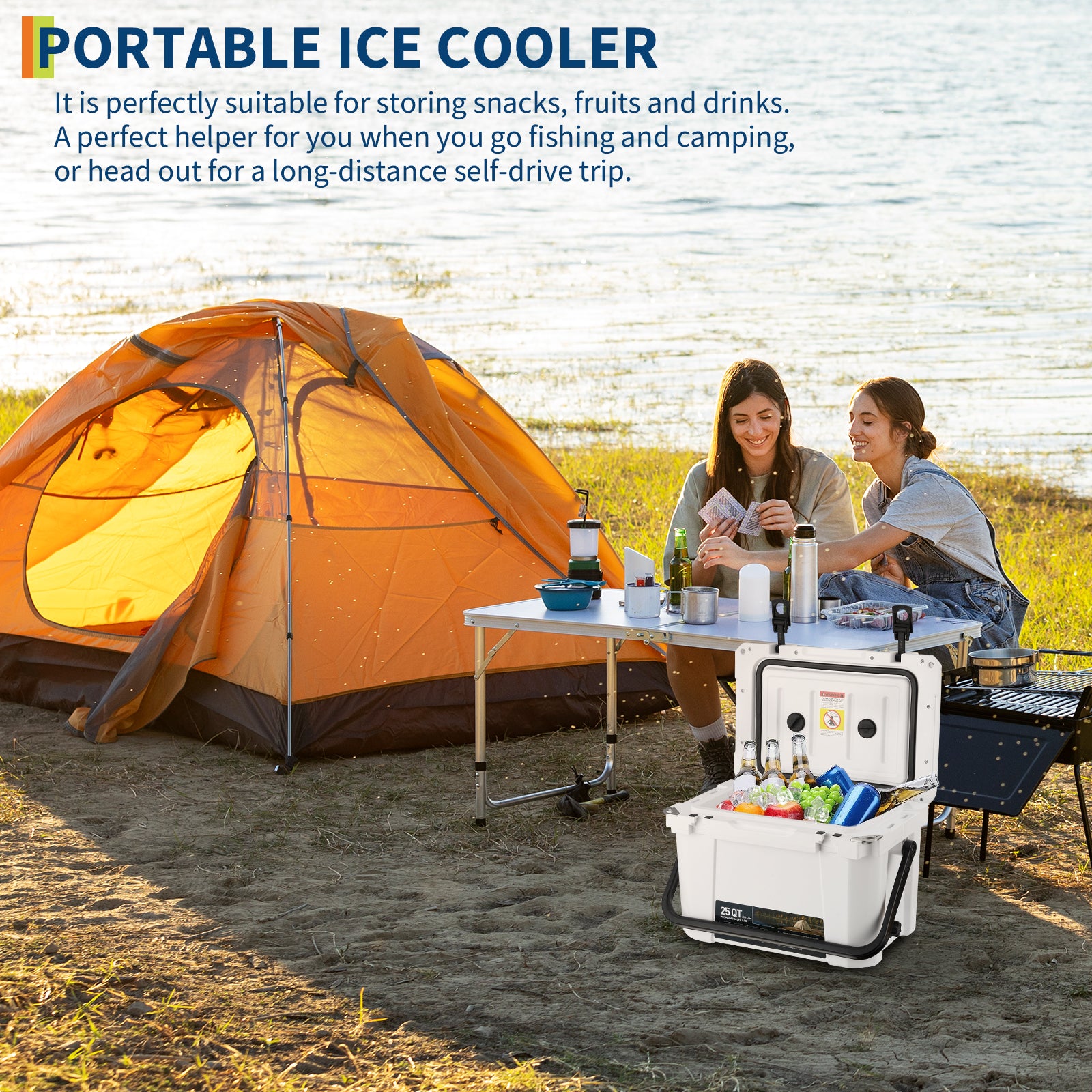 Garvee 25 Qt Portable Hard Cooler – Insulated Ice Chest with Heavy Duty Handle, 5-Day Ice Retention, Metal Cup Holder, Fish Ruler, Drain Plug, Durable Rotomolded Design for Camping, Beach, Picnic, BBQ, Fishing