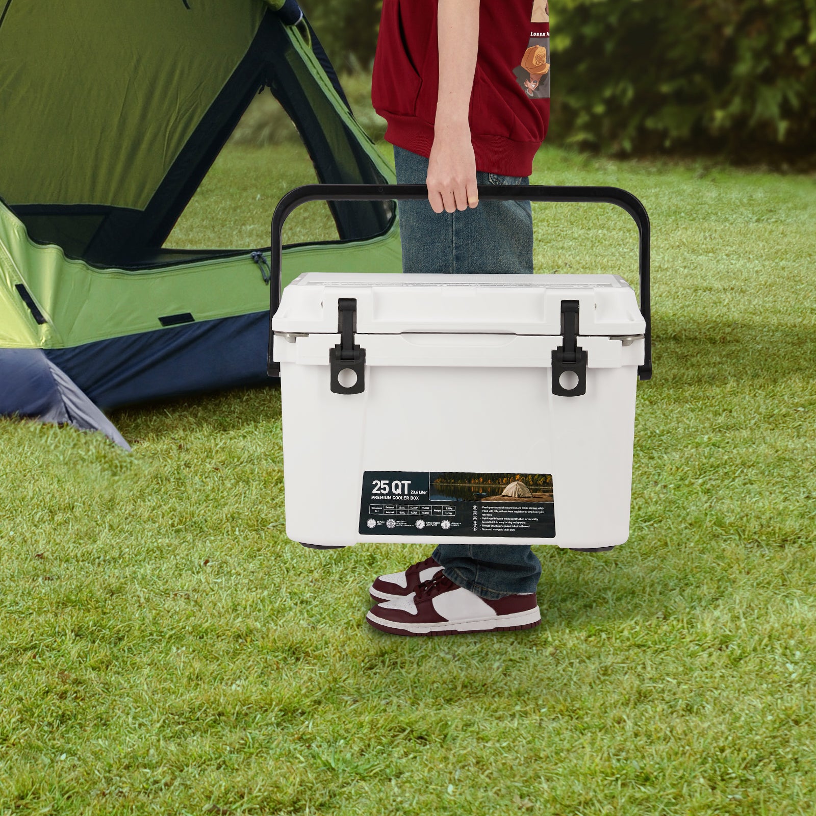 Garvee 25 Qt Portable Hard Cooler – Insulated Ice Chest with Heavy Duty Handle, 5-Day Ice Retention, Metal Cup Holder, Fish Ruler, Drain Plug, Durable Rotomolded Design for Camping, Beach, Picnic, BBQ, Fishing