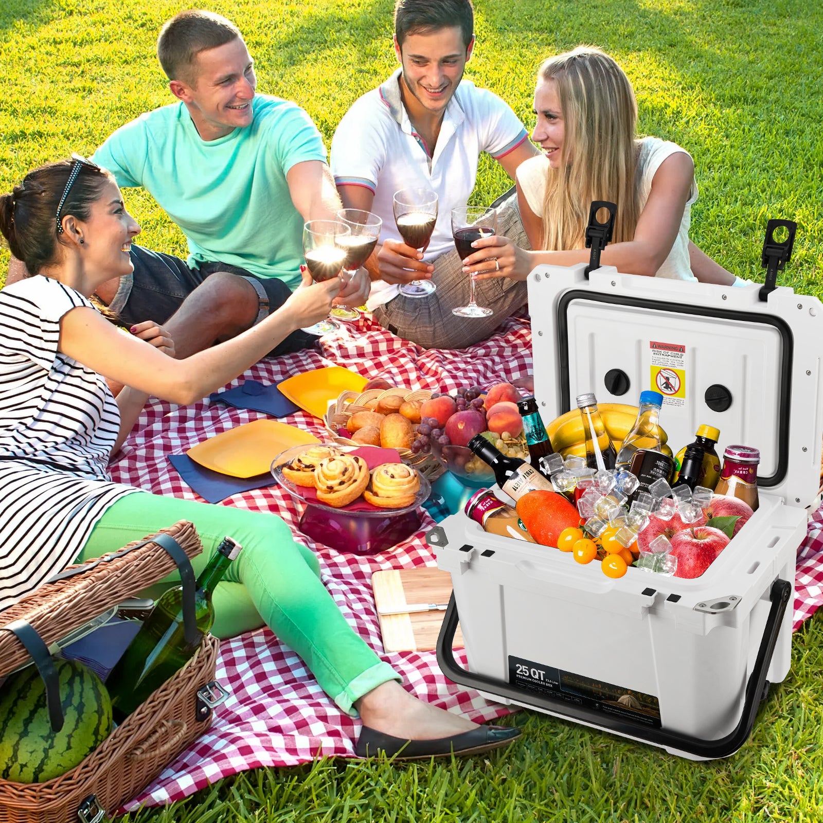 Garvee 25 Qt Portable Hard Cooler – Insulated Ice Chest with Heavy Duty Handle, 5-Day Ice Retention, Metal Cup Holder, Fish Ruler, Drain Plug, Durable Rotomolded Design for Camping, Beach, Picnic, BBQ, Fishing