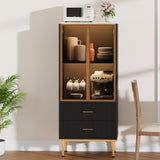 Garvee Kitchen Pantry Cabinet with Glass Door and 2 Drawers, Modern Display Fluted Tall Storage Cabinet with Adjustable Shelves for Collectibles, Living Room, Office, Black - Black