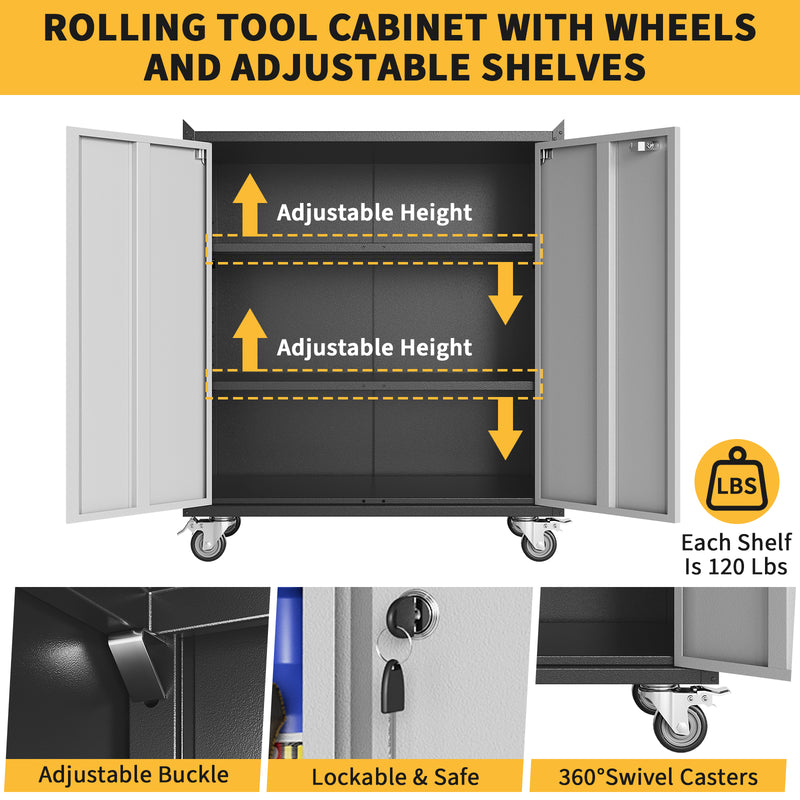 Garvee Heavy Duty Garage Storage Cabinet with Wheels, Adjustable Shelf, Lockable Doors for Home Office Workshop, Rust Resistant Steel, Black