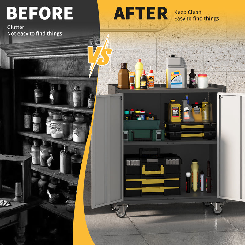 Garvee Heavy Duty Garage Storage Cabinet with Wheels, Adjustable Shelf, Lockable Doors for Home Office Workshop, Rust Resistant Steel, Black