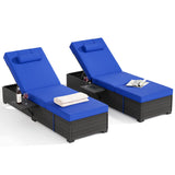 Garvee Set of 2 Outdoor Chaise Lounge Chairs, PE Rattan Recliners with Adjustable Backrest & Side Table, Thick Blue Cushions, All-Weather Steel Frame for Poolside Patio, Brown Rattan - Brown Four-Line Rattan +Blue Cushion