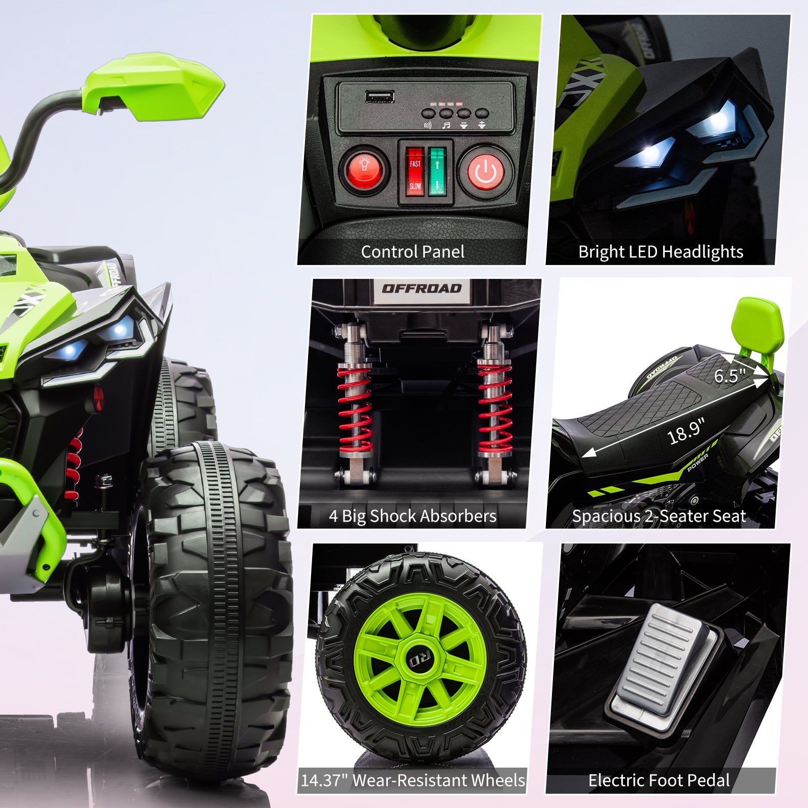 Garvee Ride - P Series: 24V 2-Seater Ride On ATV for Kids - 4-Wheel Battery Powered, High/Low Speed Modes, LED Lights, Music & Horn, Durable Wear-Resistant Wheels, Safe Non-Toxic Material, Outdoor Adventure - Green