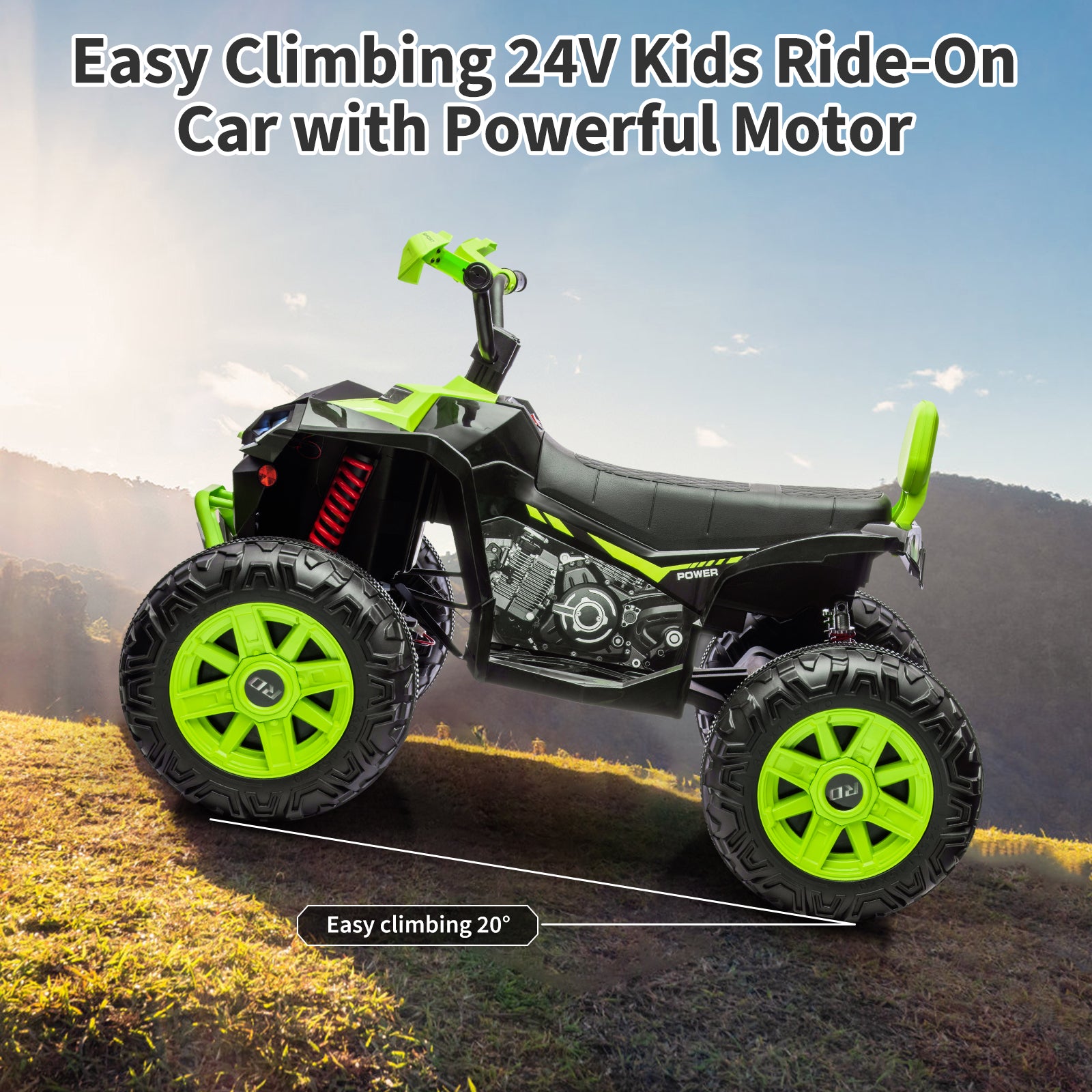 Garvee Ride - P Series: 24V 2-Seater Ride On ATV for Kids - 4-Wheel Battery Powered, High/Low Speed Modes, LED Lights, Music & Horn, Durable Wear-Resistant Wheels, Safe Non-Toxic Material, Outdoor Adventure - Green