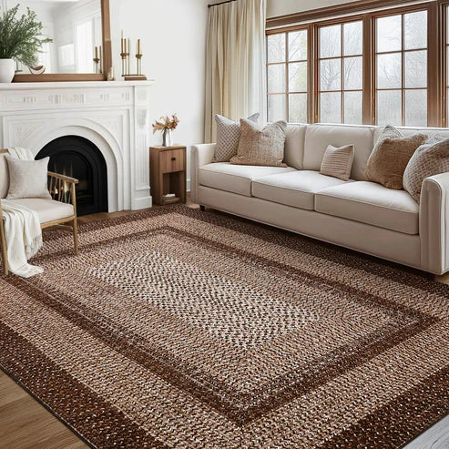 Garvee Bordered Brown 5x7 Braided Washable Rug, Low Pile Non-Slip Polyester Vintage Farmhouse Carpet for Living Room Bedroom