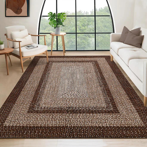 Garvee Bordered Brown 5x7 Braided Washable Rug, Low Pile Non-Slip Polyester Vintage Farmhouse Carpet for Living Room Bedroom
