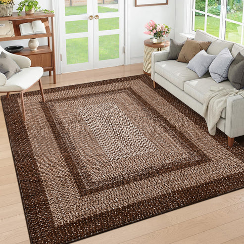 Garvee Bordered Brown 5x7 Braided Washable Rug, Low Pile Non-Slip Polyester Vintage Farmhouse Carpet for Living Room Bedroom