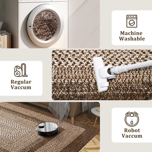 Garvee Bordered Brown 5x7 Braided Washable Rug, Low Pile Non-Slip Polyester Vintage Farmhouse Carpet for Living Room Bedroom