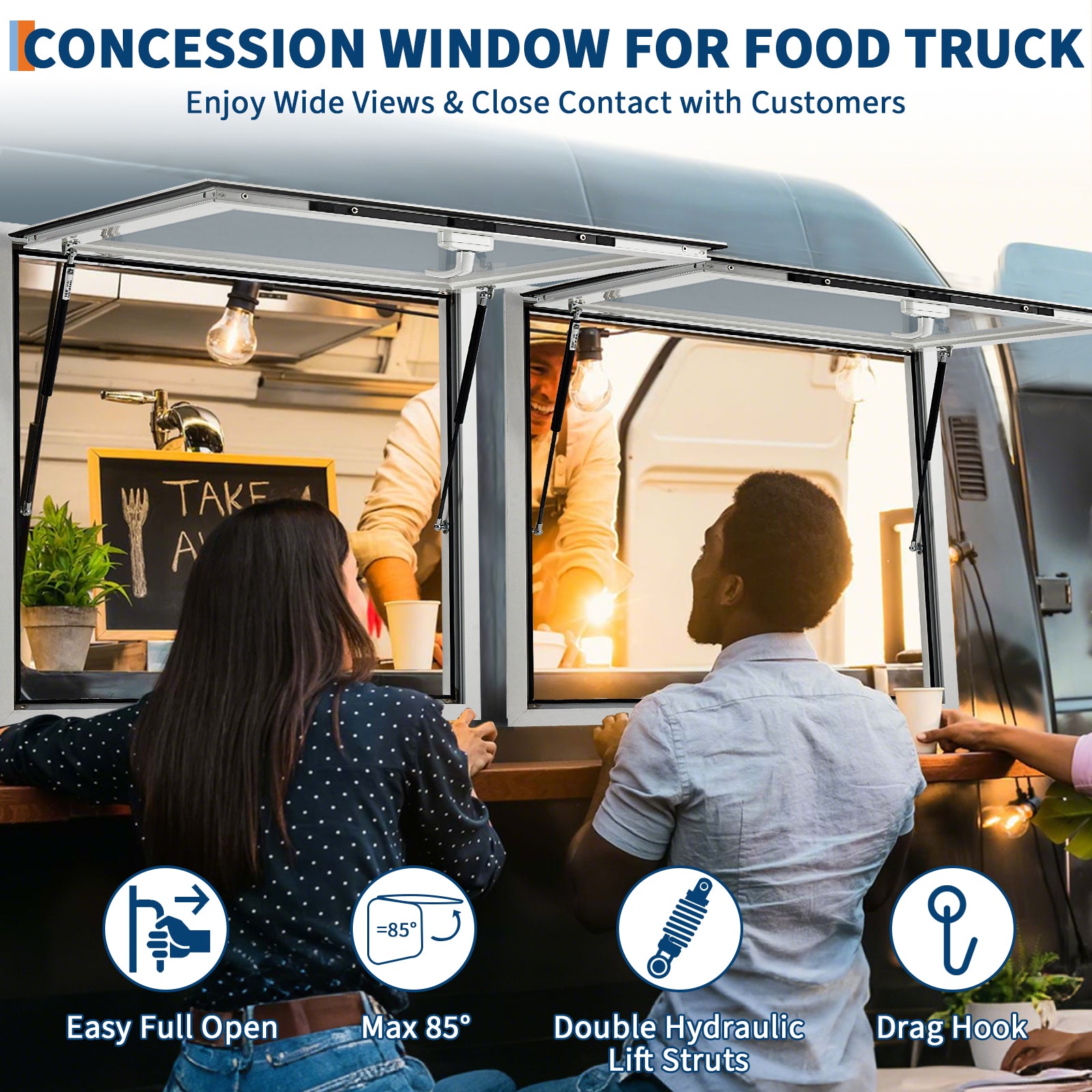 Garvee 60x36 Inch Concession Window for Food Trucks & Stands-85° Weatherproof Awning Door with Dual-Point Lock, Heavy-Duty Aluminum Frame Service Window (Glass Not Included)
