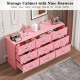Garvee 9 Drawer Dresser With Power Outlet For Bedroom, Closet, Living Room, 63" Black Wooden Modern Chest Of Drawers - Pink