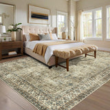 Garvee Vintage Throw Rug 5x7 Non Slip Non Shedding Washable Floor Cover, Low Pile Traditional Distressed Retro Carpet, Foldable Floral Print Soft Mat for Dining Room Bathroom Kitchen - Brown