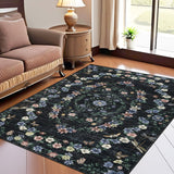 Garvee Modern Floral Black 5x7 Area Rug Washable Rugs Print Stain Resistant Throw Carpet Non Shedding Low Pile Folding Floor Cover With Non-Slip Backing For Bedroom Dining Room Office - Black