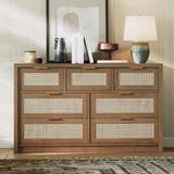 Garvee Modern Rattan 7 Drawer Dresser for Bedroom – 52" Wide Chest with Golden Metal Handles – Large Wood Storage Organizer – Closet Dresser, TV Stand – Dark Wood Color - Dark Wood