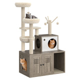 Garvee Smoke Gray Cat Tree with Litter Box Enclosure, 55.1" Multi-Level Tower, 12mm Particleboard and 400g Plush, Sisal Scratching Posts, Hidden Litter Cabinet, Condo, Hammock, Side Scratching Pad, Anti-Tip Kit for Indoor Cats - Smoke Gray