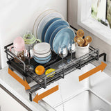 Garvee Extendable Dish Rack with Drainboard, Stainless Steel Kitchen Dish Drainer, Adjustable 16.5-19.7 Inches, Black