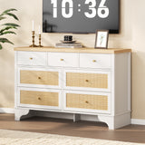 Garvee White Dresser with 7 Drawers Natural Rattan Bedroom Living Room Organizer 47.3'' Wide Sturdy Wood - White