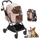 Garvee 3-In-1 Folding Pet Stroller for Small Dogs & Cats Up to 48.5 Lbs, Convertible Dog Carriage with Detachable Carrier, Storage Basket & 4 Wheels, Lightweight for Travel & Outdoor Use, Khaki