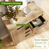 Garvee Oak Fluted 5 Drawer Dresser Modern Wood Chest Wide Drawers Black Metal Legs for Bedroom Hallway Entryway