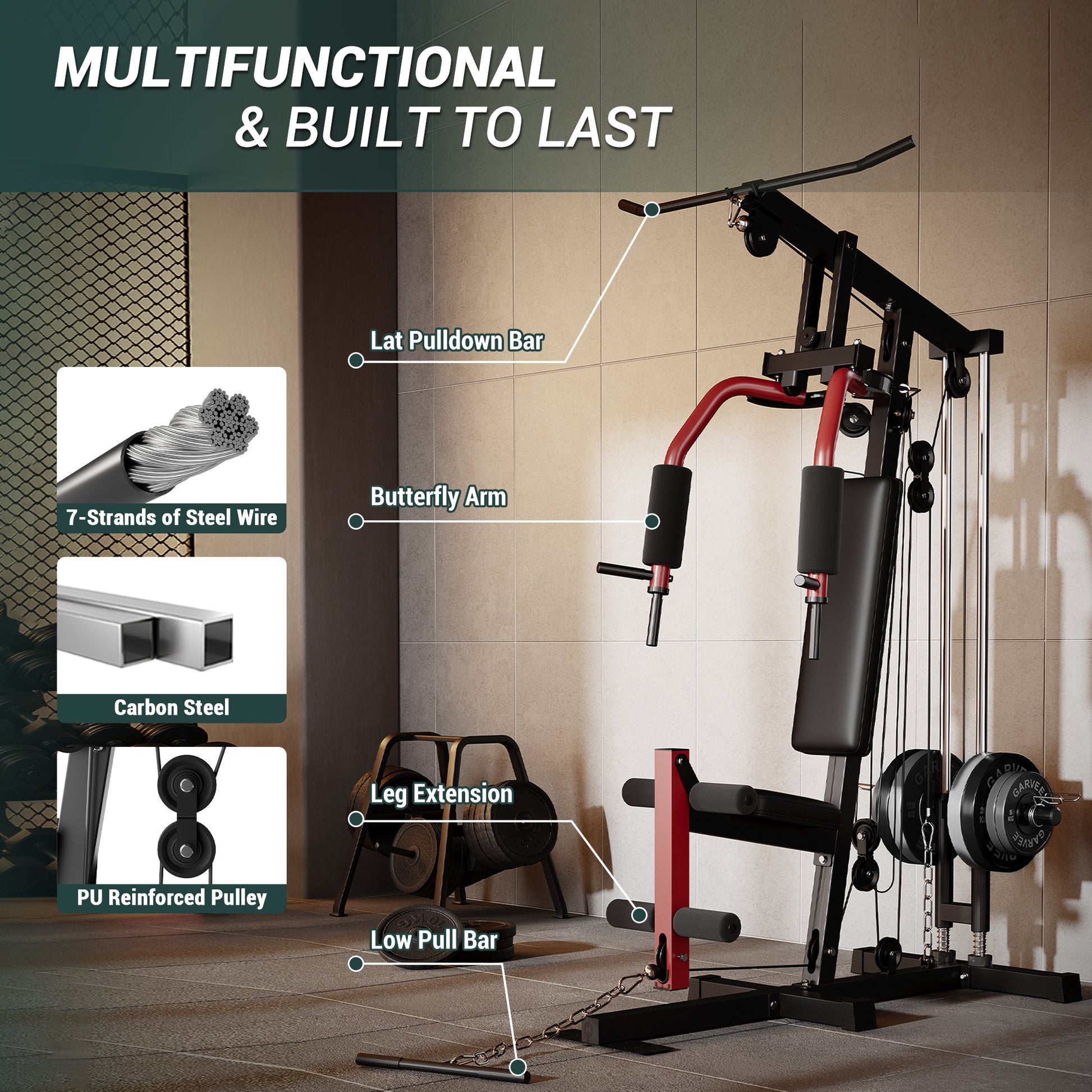 GARVEE Home Gym Machine, Multifunctional Full Body Workout Equipment with Pulley System,Leg Press Support for Strength Training, Workout Station Suit for 1“&2” Holes of Weight Plates (Not Includ), Red&Black