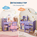 Garvee Kids Vanity Table and Chair Set with Crown-Shaped LED Mirror, Purple, Wooden Dressing Table for Little Girls Bedroom, Spacious Storage, Safe Durable Design - Purple