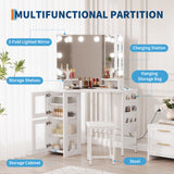 Garvee Corner Vanity Desk with Stool, Makeup Vanity Set with Light Bulbs Mirror, Charging Station, Corner Storage Cabinet for Bedroom, White - Bulb-White