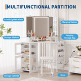 Garvee Corner Vanity Desk with Stool, LED Lighted Mirror, Charging Station, Corner Storage Cabinet for Bedroom, White, 22"D x 44"W x 46"H - Led-White