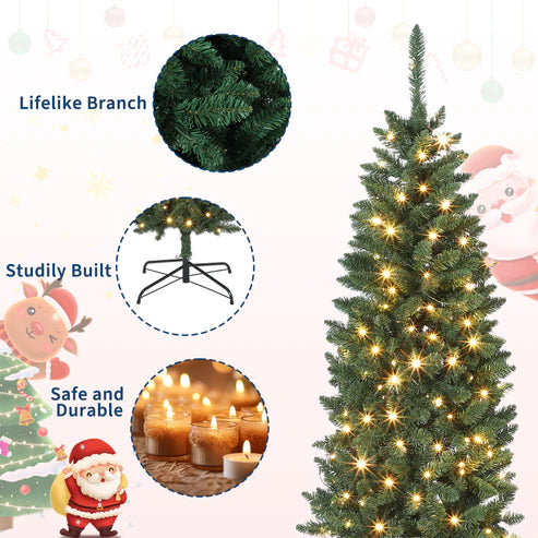 Garvee Sapin de Noël Artificiel 2,7 m, Pré-éclairé, Slim, avec Lumières LED Bicolores, Montage Facile, Décoration de Noël pour Maison, Fête, Bureau, Centre Commercial, Vacances