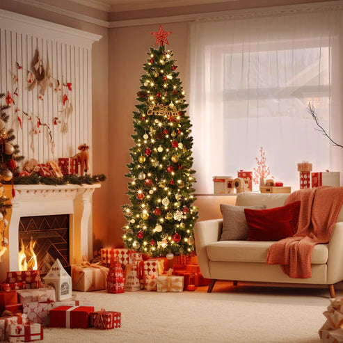 Garvee Sapin de Noël Artificiel 2,7 m, Pré-éclairé, Slim, avec Lumières LED Bicolores, Montage Facile, Décoration de Noël pour Maison, Fête, Bureau, Centre Commercial, Vacances