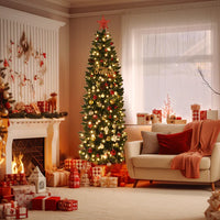 Garvee Sapin de Noël Artificiel 2,7 m, Pré-éclairé, Slim, avec Lumières LED Bicolores, Montage Facile, Décoration de Noël pour Maison, Fête, Bureau, Centre Commercial, Vacances