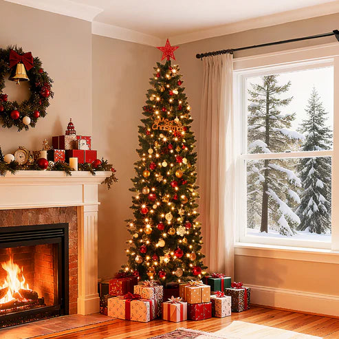 Garvee Sapin de Noël Artificiel 2,7 m, Pré-éclairé, Slim, avec Lumières LED Bicolores, Montage Facile, Décoration de Noël pour Maison, Fête, Bureau, Centre Commercial, Vacances