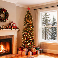 Garvee Sapin de Noël Artificiel 2,7 m, Pré-éclairé, Slim, avec Lumières LED Bicolores, Montage Facile, Décoration de Noël pour Maison, Fête, Bureau, Centre Commercial, Vacances