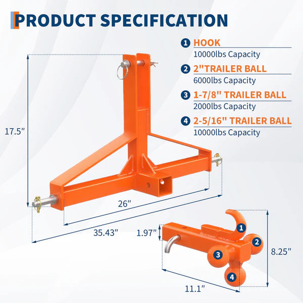Garvee 3 Point Hitch Receiver Category 1 Tractor 2 in Receiver Heavy Duty Trailer Hitch Kubota Compatible