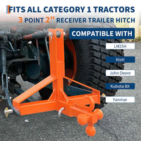Garvee 3 Point Hitch Receiver Category 1 Tractor 2 in Receiver Heavy Duty Trailer Hitch Kubota Compatible