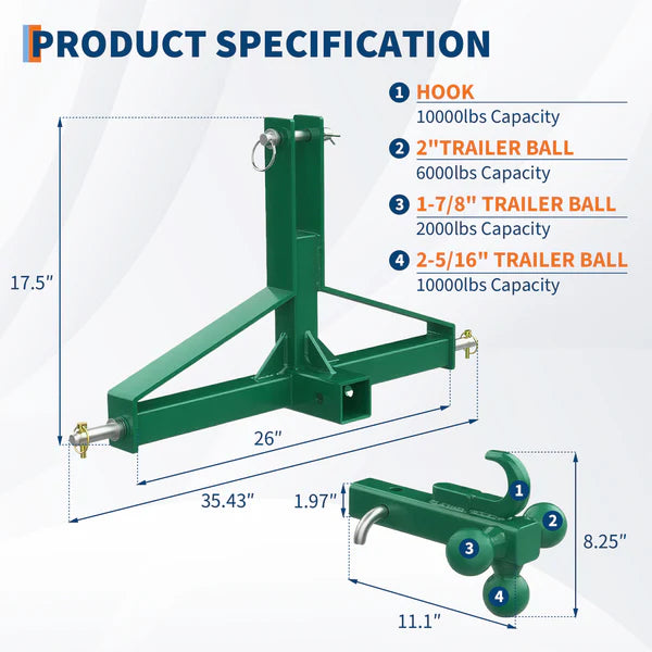 Garvee 3 Point Hitch Receiver Category 1 Tractor 2 in Receiver 3 Ball & Hook Heavy Duty Trailer Hitch Kubota Compatible