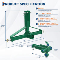 Garvee 3 Point Hitch Receiver Category 1 Tractor 2 in Receiver 3 Ball & Hook Heavy Duty Trailer Hitch Kubota Compatible