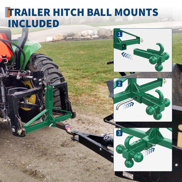 Garvee 3 Point Hitch Receiver Category 1 Tractor 2 in Receiver 3 Ball & Hook Heavy Duty Trailer Hitch Kubota Compatible