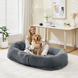 Garvee Orthopedic Faux Fur Human Dog Bed for Adults & Pets – Giant 65" x 41" x 12" Washable Soft Bean Bag – Egg Foam, Removable Cover, Handle & Side Pocket – Bedroom, Living Room, Office – Ocean Blue - Ocean Blue