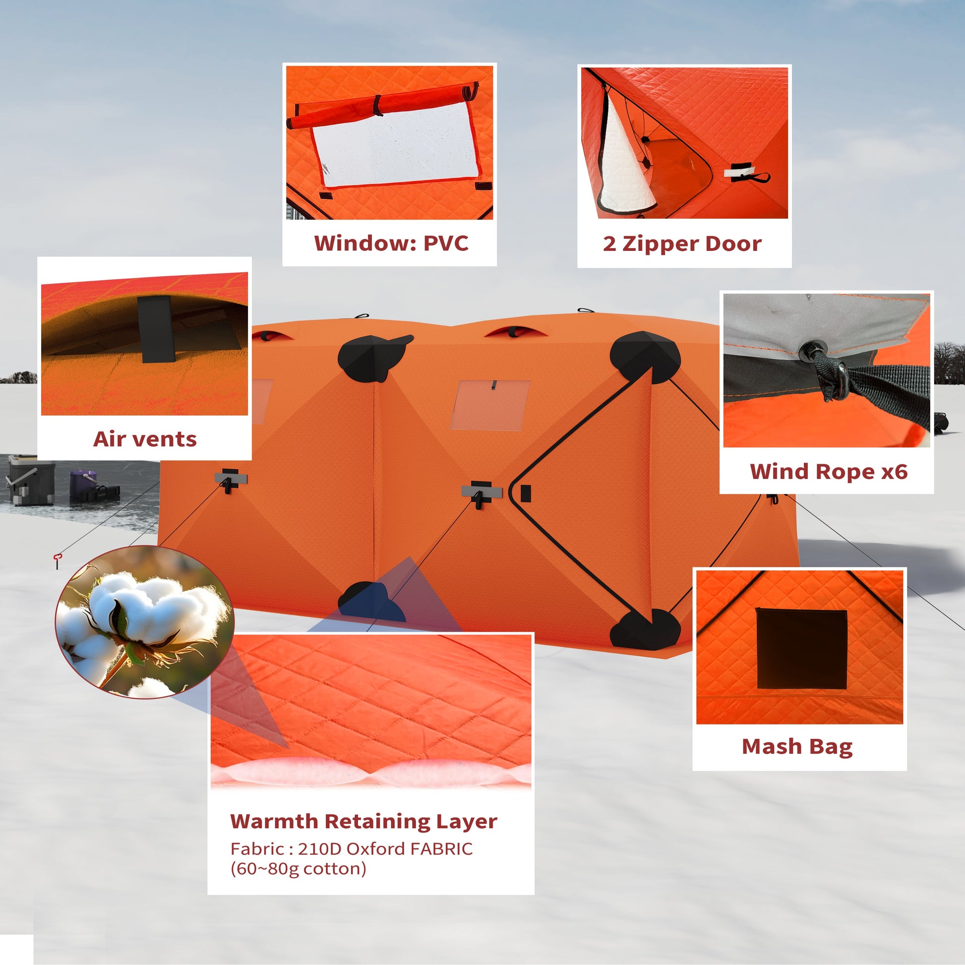 Garvee Ice Fishing Insulated Tent, Large Pop-Up Portable Hub-Style Ice Fishing Shelter, 6 Person Shelter 68 Square Feet of Fishable Area