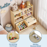 Garvee Toy Storage Organizer with Movable Drawers and 5 Open Cubbies for Playroom, Kids Bookshelf, Multifunctional Floor Storage Chest, Child-Friendly Design - Natural Wood