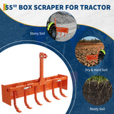 Garvee 55" Box Blade for Tractor, Category 1 & 2 Compatible, Heavy-Duty, 6 Adjustable Scarifier Shanks, Landscaping, Soil Preparation, Steel Frame, Rust-Resistant
