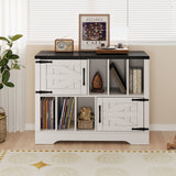 Garvee Large Record Player Stand with Vinyl Storage – 39" Farmhouse Wood Media Cabinet, Barn Doors, Holds 450 Albums, Mid-Century Modern Turntable Table for Living Room or Bedroom, White - Blue