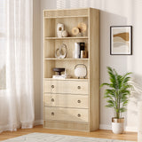 Garvee Modern Fluted Bookshelf with Drawers – 6-Tier Tall Light Wood Bookcase, Waved Design Open Shelves & Spacious Storage Cabinet, Freestanding Wooden Display Shelf for Living Room, Dining Room, or Office, Wood Color, 80 Double Wave - Wood Color