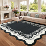 Garvee Scalloped Washable Rugs for Living Room 8x10 Farmhouse Floral Area Rugs, Non Slip Low Pile Soft Dining Room Carpet, Stain Resistant Foldable Indoor Floor Mats for Home Office, Black - Black-Style2