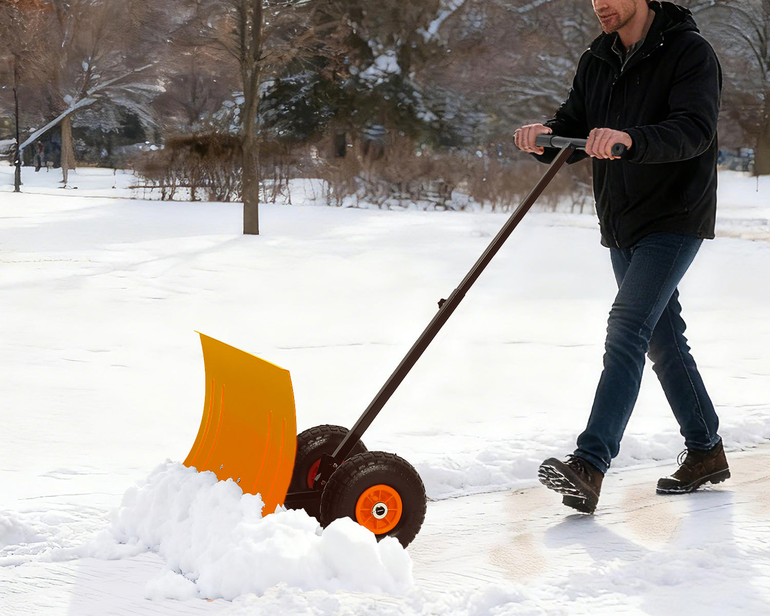 Garvee Heavy Duty Snow Shovel Pusher with Wheels – 29" Adjustable Angled Steel Blade – Ergonomic Handle – Anti-Slip – Large Off-Road Tires – Effortless Snow Removal for Driveway, Sidewalk & Patio – Orange – Color: Orange wheel orange XQ CA