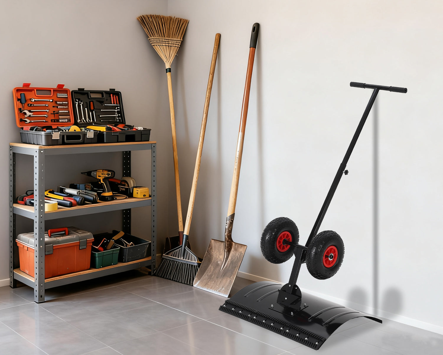 Garvee Heavy Duty Snow Shovel Pusher with Wheels – 29" Angled Steel Blade – Adjustable Ergonomic Handle – Anti-Slip – Efficient Snow Clearing for Driveway & Sidewalk – Black & Red – Color: Black red wheel XQ CA