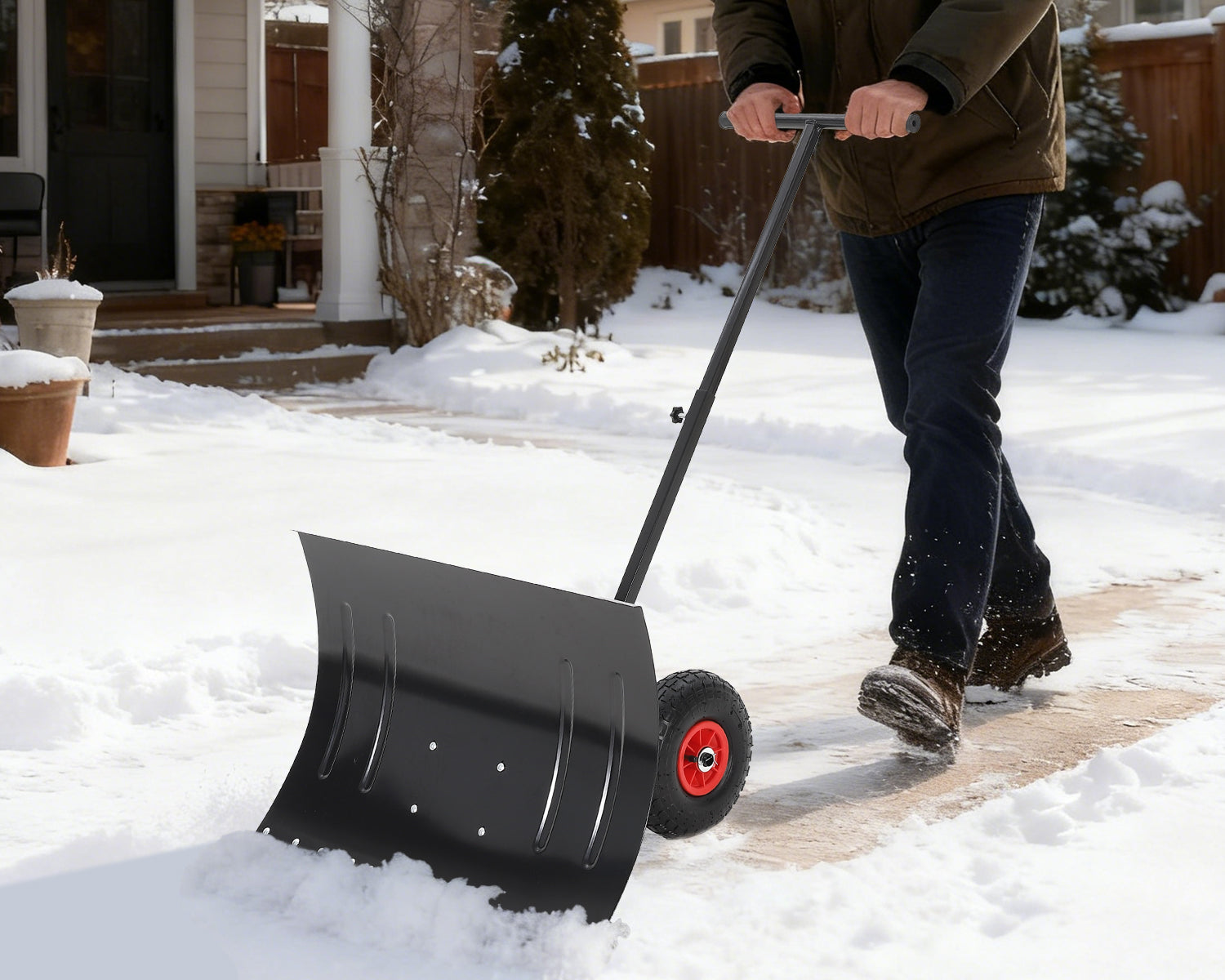Garvee Heavy Duty Snow Shovel Pusher with Wheels – 29" Angled Steel Blade – Adjustable Ergonomic Handle – Anti-Slip – Efficient Snow Clearing for Driveway & Sidewalk – Black & Red – Color: Black red wheel XQ CA