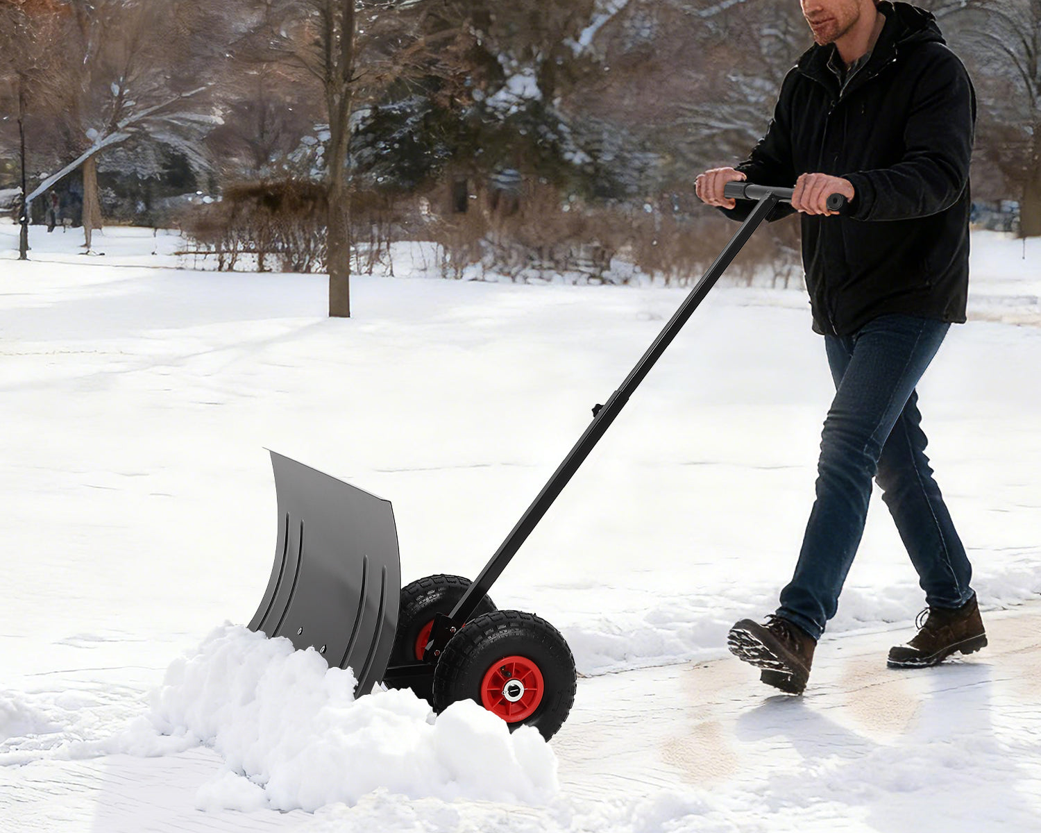 Garvee Heavy Duty Snow Shovel Pusher with Wheels – 29" Angled Steel Blade – Adjustable Ergonomic Handle – Anti-Slip – Efficient Snow Clearing for Driveway & Sidewalk – Black & Red – Color: Black red wheel XQ CA